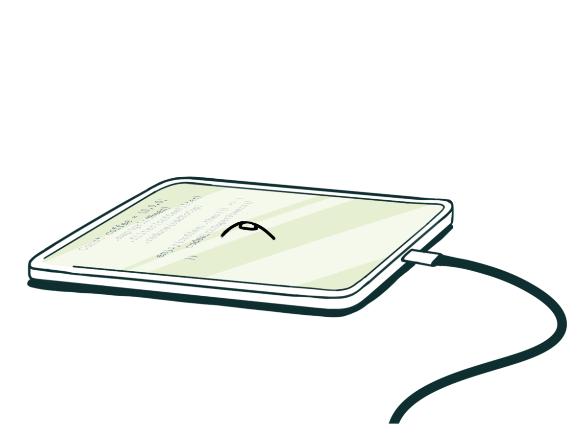 Et nettbrett med en plante som vokser ut av skjermen